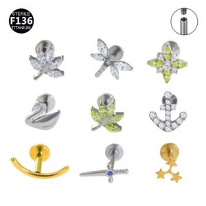 F136 Titanium Anchor Pendant Internal Thread Lip Stud Moon Maple Leaf Smiley Face Pendant Zircon Earring Lip Ring 0.9 Thread