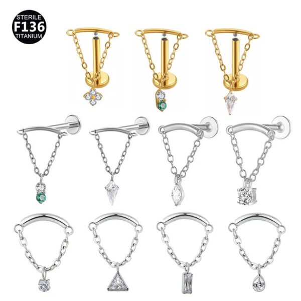F136 Titanium, Alloy, Hidden Helix, Chain, Pendant, 0.9, Piercing Jewellery, Ear Cartridge, Stud, Lip, Vertical Labret, Flat Back, Drop, Earring, Unisex, Flower, Triangle.