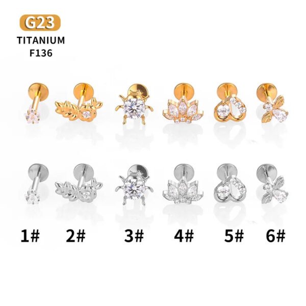1Pcs G23 Titanium Alloy Heart Bee Star Zircon Lip Stud Ear Bone Stud Ear Stud Trendy Cartilage Piercing Jewelry