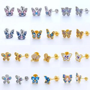 Trendy Women's High-End Gold Plated Titanium Steel Screw Back Earrings Pearl Colorful Diamond Butterfly Ear Studs Ins Style