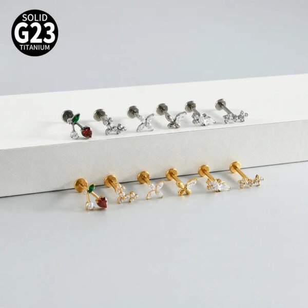 G23 Titanium, Alloy, Flat Back, Piercing Jewellery, Earring, Cherry, Blossom, Butterfly, Elegant Cute Classic, Lip, Stud, Ear Cartridge, Internal Thread