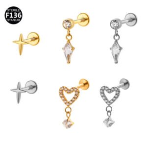 Titanium Alloy 0.9 Tooth Pendant Micro-Set Zircon Flat Bottom Rod Piercing Earrings Heart Star Studs Unisex Fashion Jewelry