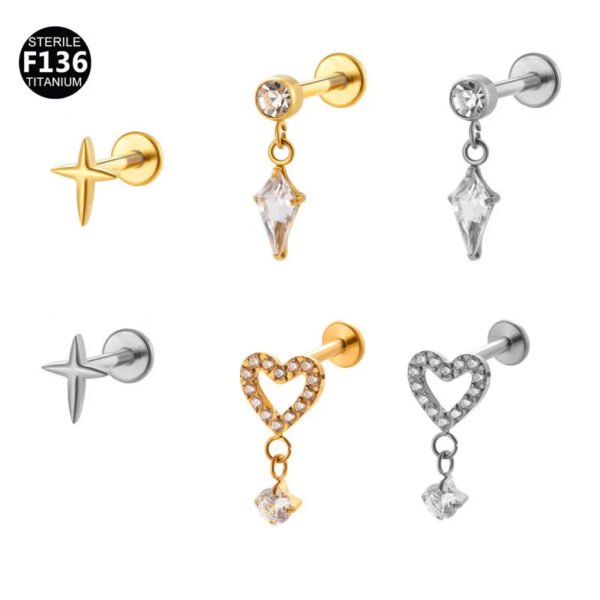 picture_23c5b5b5-c1a4-46cf-a34a-e3586ea19f1c(2) Titanium Alloy 0.9 Tooth Pendant Micro-Set Zircon Flat Bottom Rod Piercing Earrings Heart Star Studs Unisex Fashion Jewelry