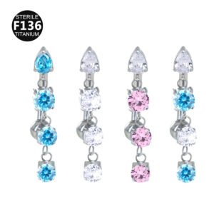 F136 Titanium, Long Pendant, Four Claw, Set, Zirconia, Chain, Inverted Navel, Barbell, Belly Button, Bar, Piercing, 14G, Unisex, Body Piercing, Jewellery.