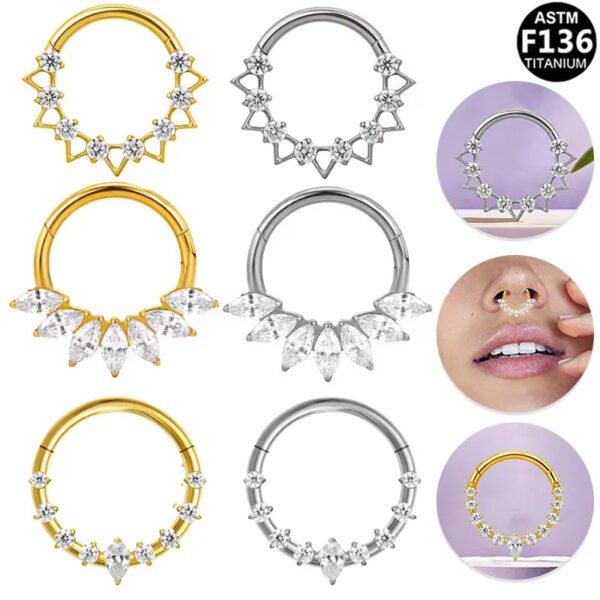 G23 Titanium, F136 Titanium Alloy, Inlay, Zircon, 14K Gold Plated, White Gold, Ear, Cartilage, Conch, Nose, Septum, Ring, Elegant, Glam, Snowflake.
