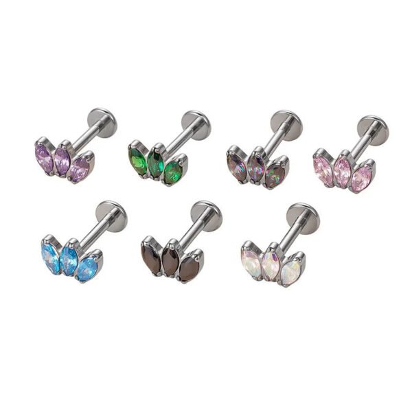 picture_27fd36cd-9345-408a-9f3a-427b6093b14b(2) Titanium F136 Crown, Ear Cartridge, Lip, Vertical Labret, Stud, Earrings, Horse Eye, Zirconia, Piercing Body Jewellery, Unisex, Internal Thread, Flat back.