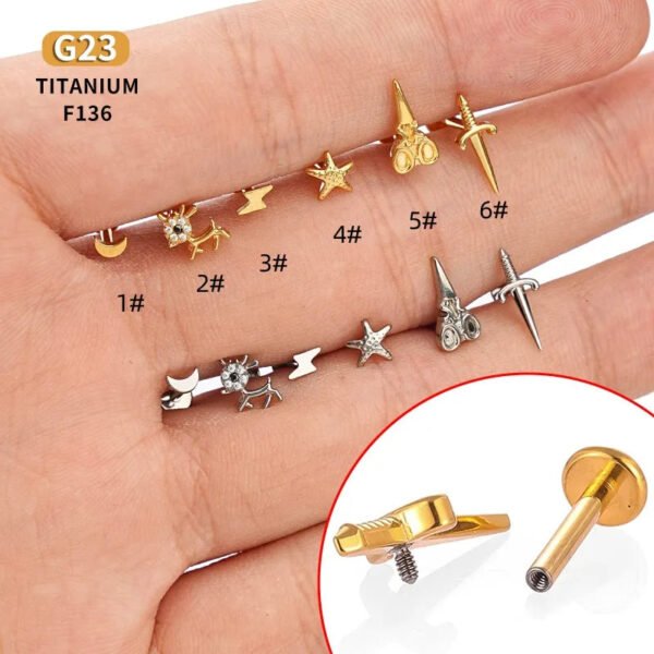 Titanium Piercing Studs – Scissors, Star, Moon, Lightning & Deer (14k Gold Plated) – Labrets, Flat back, Monroe, internal thread.