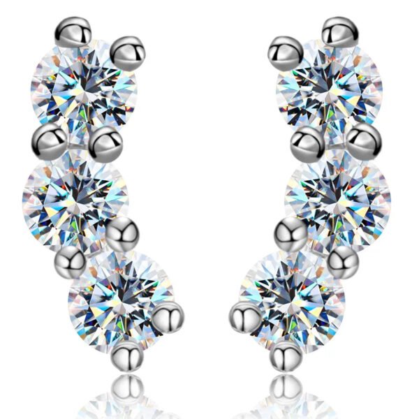 S925 Sterling Silver, Platinum Plated, Moissanite, Symmetrical, Three-stone, Stud Earrings, Pair, Dainty, Elegant, High End