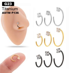 G23/F136 Titanium Alloy Inlaid Zircon C-Shaped 0.8mm Coil Nose Ring Cartilage Earrings Piercing Jewelry