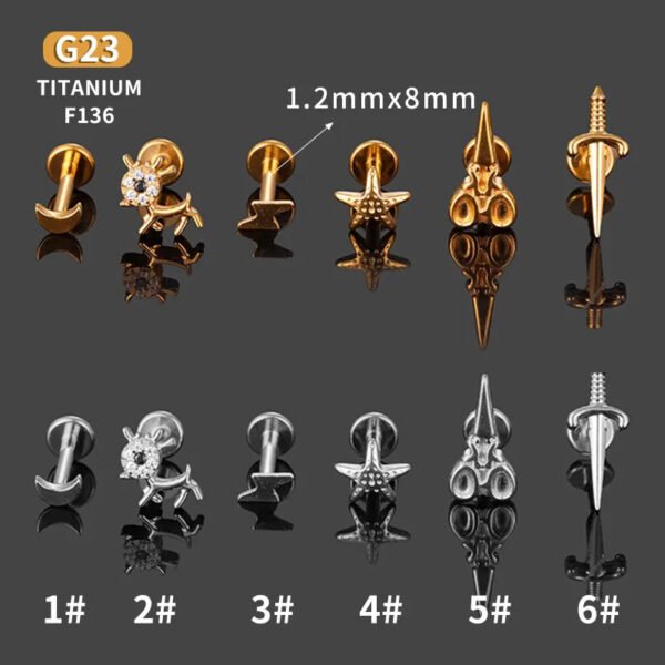 Titanium Piercing Studs – Scissors, Star, Moon, Lightning & Deer (14k Gold Plated) – Labrets, Flat back, Monroe, internal thread.