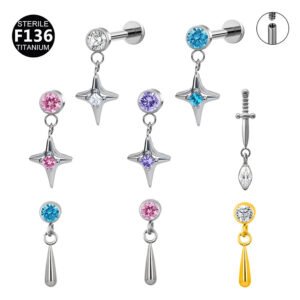Titanium Alloy F136 Titanium Threaded Set Diamond Lock Dragon Four-Pointed Star Pendant Stud Lip Bone Ear Piercing Jewelry