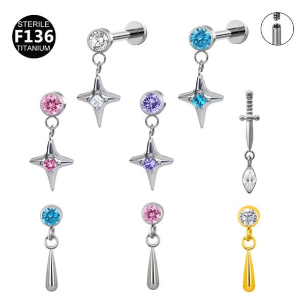 picture_681cb241-395c-479b-95a9-8cc574d75b53(2) Titanium Alloy F136 Titanium Threaded Set Diamond Lock Dragon Four-Pointed Star Pendant Stud Lip Bone Ear Piercing Jewelry