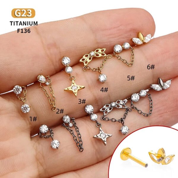 1Pcs F136 Titanium Alloy Flower Chain Pendant Lip Stud Lip Ring Ear Bone Stud Cochlear Stud Nose Stud Internal Teeth Piercing Lip Jewelry