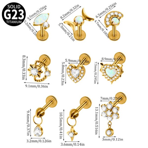 G23 Titanium Alloy Opal Flat Back Piercing Earrings Heart Sun Inlaid Zircon Elegant Hanging Pendant Romantic Classic Jewelry Daily Wear Lip Stud Earrings