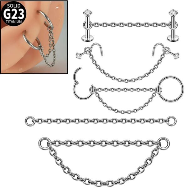 G23 Titanium, Single, Double Layer, Nose, Stud, Hoop, Chain, Piercing, Universal, Accessories, Zirconia, Split Ring, Geometric, Dangle, Between Earrings, Internal Thread, Screw, S Shape, Clicker, Vertical Labret.