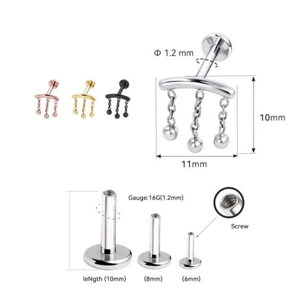 G23 Titanium, Hidden Helix, Chain, Stud, Earring, Simple, Geometric, Unisex Ear Cartridge, Nose, Vertical Labret, Jewellery