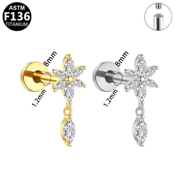 F136 Titanium, 14k Gold Plated, White Gold, Stud, Flat Back, Internal Thread, Lip, Ear, Cartlidge, Vertical Labret, Dangle, Elegant, Tree, Star, Leaves.
