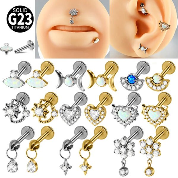 G23 Titanium Alloy Opal Flat Back Piercing Earrings Heart Sun Inlaid Zircon Elegant Hanging Pendant Romantic Classic Jewelry Daily Wear Lip Stud Earrings