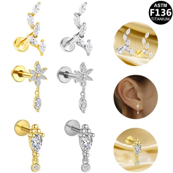 F136 Titanium, 14k Gold Plated, White Gold, Stud, Flat Back, Internal Thread, Lip, Ear, Cartlidge, Vertical Labret, Dangle, Elegant, Tree, Star, Leaves.