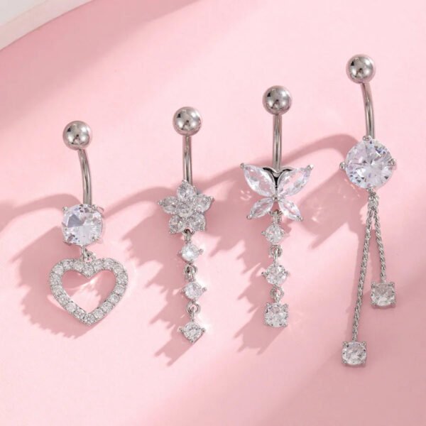 G23 Titanium, Belly Bar, White Gold Plated, Heart, Flower, Butterfly, Dangle, Navel, Barbell, Elegant, Banana Bar
