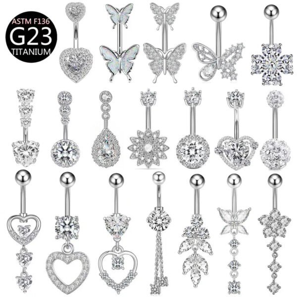 Implant Grade Titanium Flower Heart Dangly Belly Bar – Dainty Zirconia Navel Piercing, Hypoallergenic & Stylish