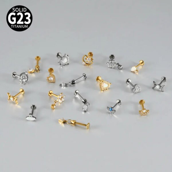 G23 Titanium Alloy Opal Flat Back Piercing Earrings Heart Sun Inlaid Zircon Elegant Hanging Pendant Romantic Classic Jewelry Daily Wear Lip Stud Earrings