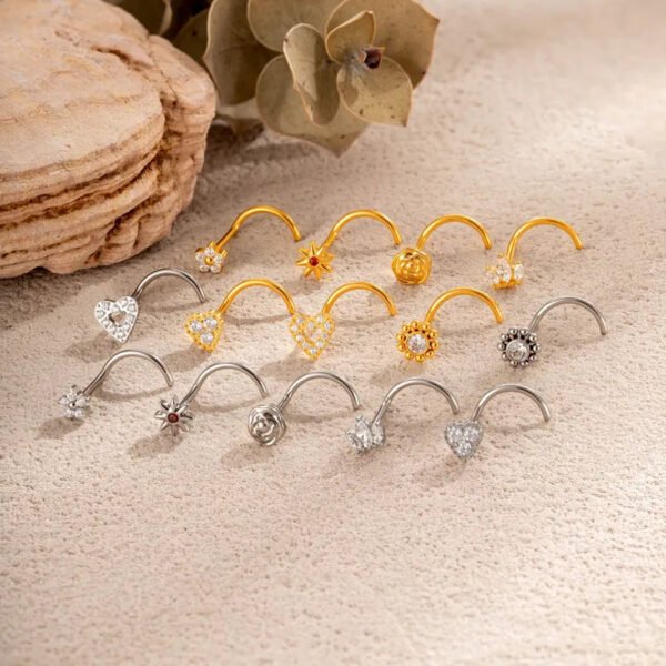 G23/F136 Titanium Alloy Inlaid Zircon Flower Heart S Rod Nose Stud Fashion Versatile Trendy Piercing Jewelry