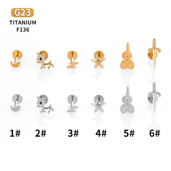 Titanium Piercing Studs – Scissors, Star, Moon, Lightning & Deer (14k Gold Plated) – Labrets, Flat back, Monroe, internal thread.