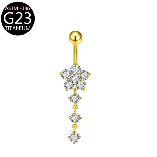 Implant Grade Titanium Flower Heart Dangly Belly Bar – Dainty Zirconia Navel Piercing, Hypoallergenic & Stylish