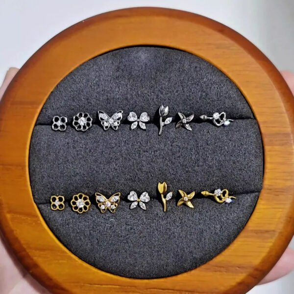 G23 Titanium Trendy Tulip Gold Steel Color Flat Back Pierced Earrings Butterfly Windmill Inlaid Zircon Elegant Romantic Jewelry Lip Stud Earrings
