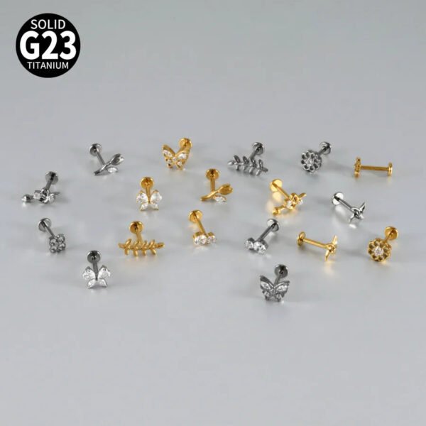 G23 Titanium Trendy Tulip Gold Steel Color Flat Back Pierced Earrings Butterfly Windmill Inlaid Zircon Elegant Romantic Jewelry Lip Stud Earrings
