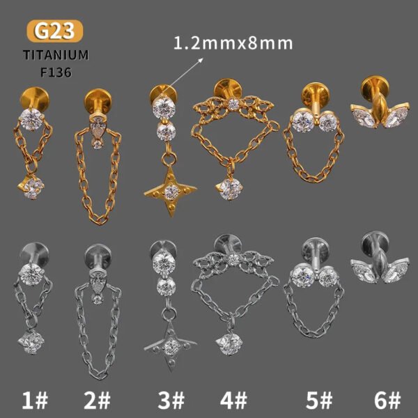 1Pcs F136 Titanium Alloy Flower Chain Pendant Lip Stud Lip Ring Ear Bone Stud Cochlear Stud Nose Stud Internal Teeth Piercing Lip Jewelry