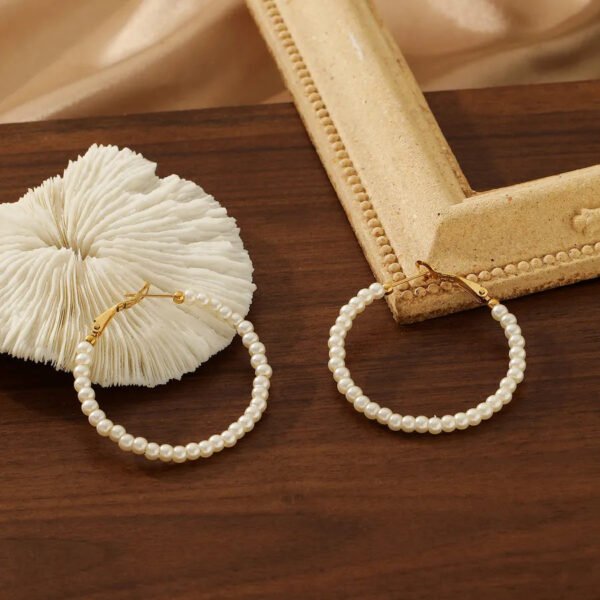 Titanium, 18K Gold Plated, Pearl, Shell, Beaded, Hoops, Earrings, Jewellery, Pair.