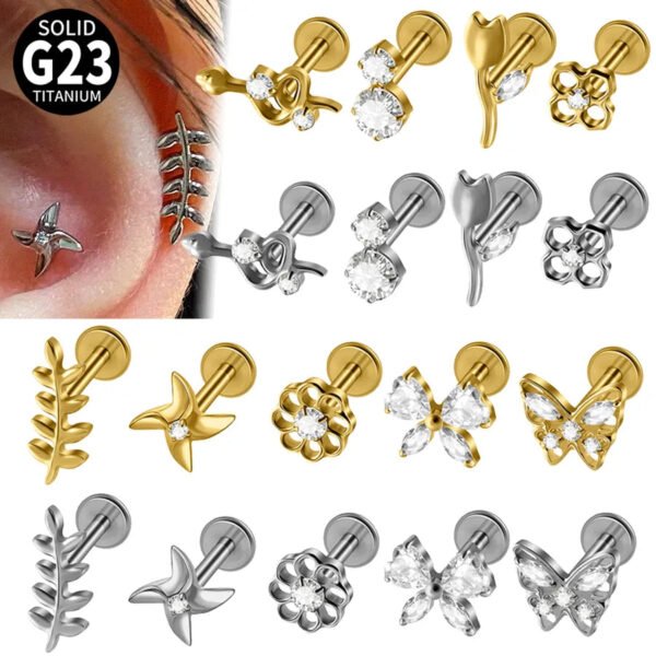 G23 Titanium Trendy Tulip Gold Steel Color Flat Back Pierced Earrings Butterfly Windmill Inlaid Zircon Elegant Romantic Jewelry Lip Stud Earrings