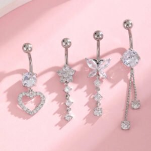Implant Grade Titanium Flower Heart Dangly Belly Bar – Dainty Zirconia Navel Piercing, Hypoallergenic & Stylish
