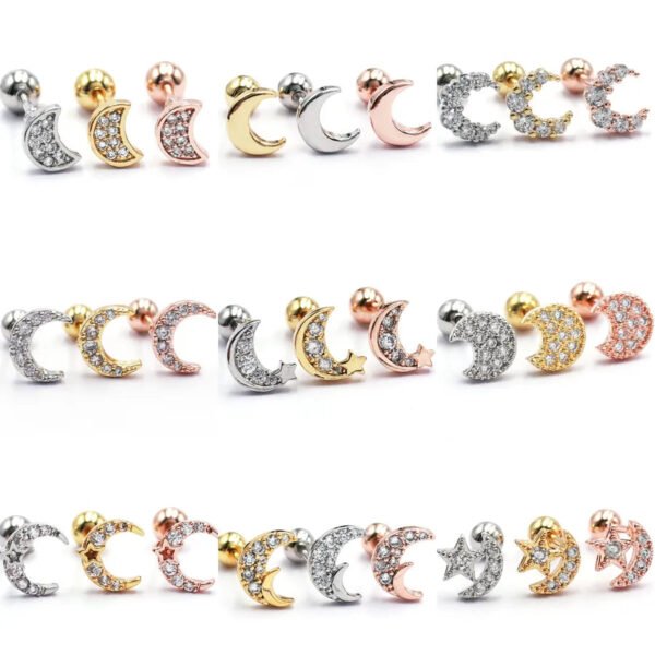 picture_b902f254-a614-4bd8-844c-468a2146b9b4(2) New Style Minimalist Mini Micro Paved Crystal Moon Tooth Earrings Titanium Steel Wedding Jewelry Unisex Letter Number Text