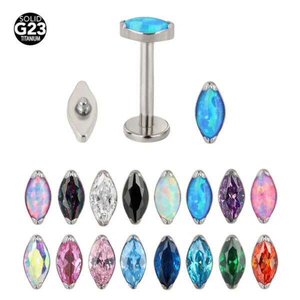 G23 Titanium Horse Ear, Cartridge, Lip, Stud, Geometric, Dainty, Zirconia, Colourful, Simple, Elegant, Vertical Labret, Internal Screw,