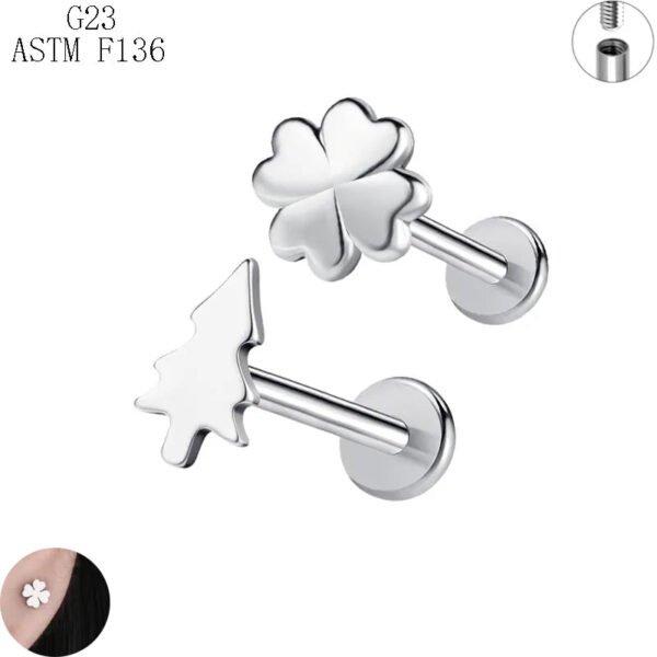 Titanium Alloy F136 G23 Four Leaf Clover Pinecone Inner Tooth Flat Bottom Ear Bone Nail Simple Style Classic Polished Finish