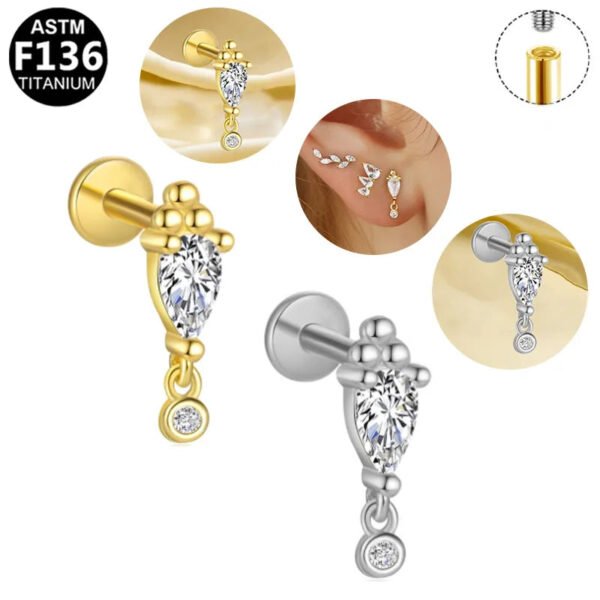 F136 Titanium, 14k Gold Plated, White Gold, Stud, Flat Back, Internal Thread, Lip, Ear, Cartlidge, Vertical Labret, Dangle, Elegant, Tree, Star, Leaves.