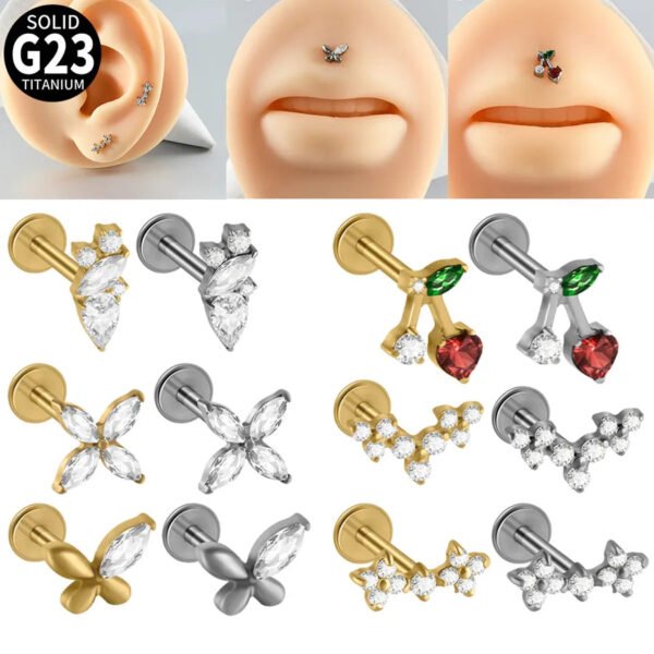 G23 Titanium, Alloy, Flat Back, Piercing Jewellery, Earring, Cherry, Blossom, Butterfly, Elegant Cute Classic, Lip, Stud, Ear Cartridge, Internal Thread