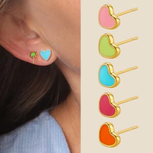 Heart Shaped, 14K Gold Plated, Titanium, Oil Drop, Enamel, Simple, Handmade, Colorful, Peach, Heart Earring, Cute, Sweet, Dainty, Lovely, Single.