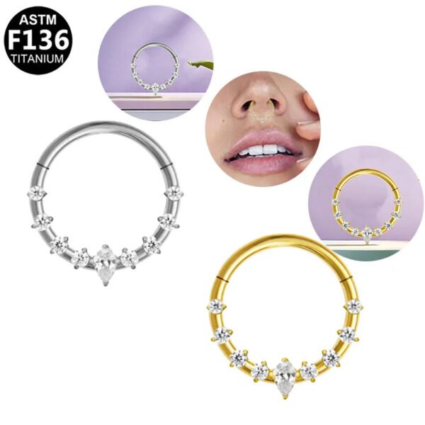 G23 Titanium, F136 Titanium Alloy, Inlay, Zircon, 14K Gold Plated, White Gold, Ear, Cartilage, Conch, Nose, Septum, Ring, Elegant, Glam, Snowflake.