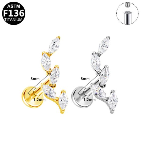 F136 Titanium, 14k Gold Plated, White Gold, Stud, Flat Back, Internal Thread, Lip, Ear, Cartlidge, Vertical Labret, Dangle, Elegant, Tree, Star, Leaves.